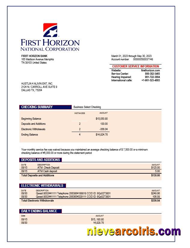 First Horizon Bank company checking account statement